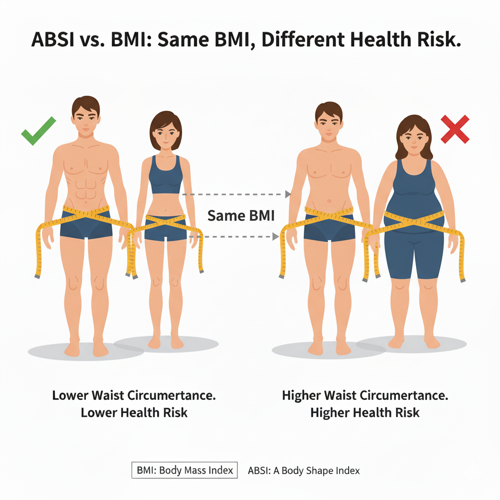 Illustration showing two people with the same BMI but different ABSI scores due to belly fat.
