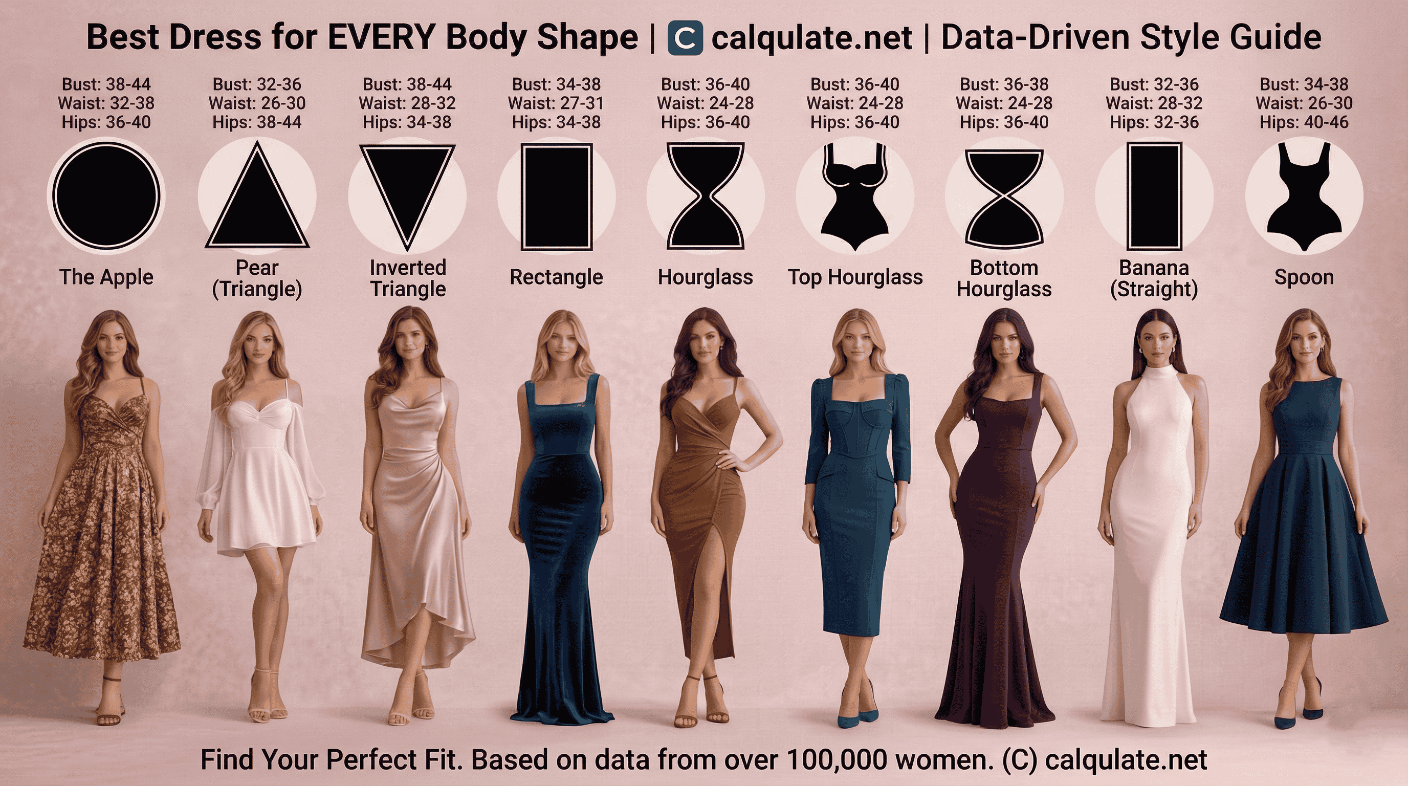 Female body shapes chart showing apple pear hourglass rectangle and diamond body types