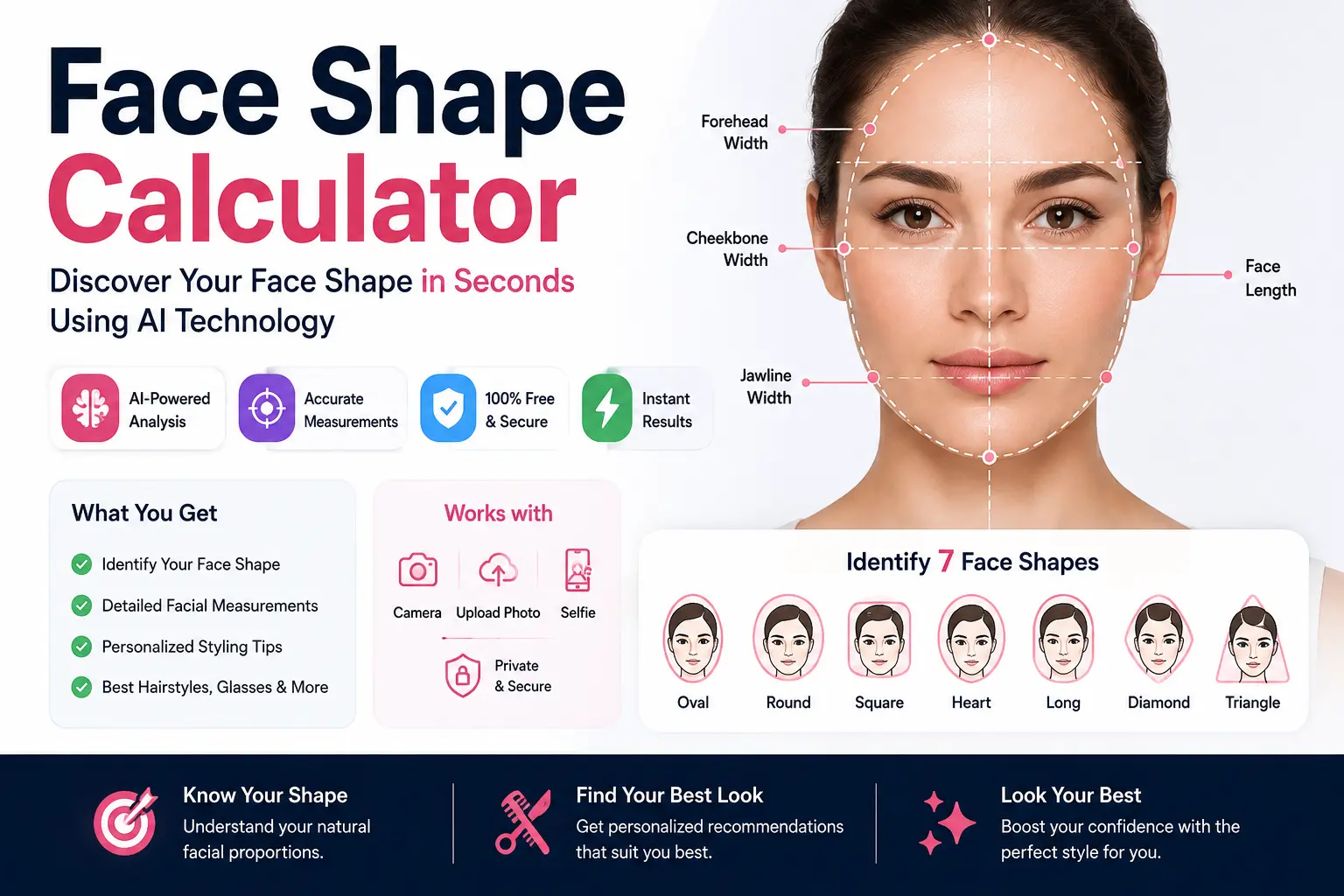 Face shape calculator illustration showing face length, forehead width, cheekbone width and jawline measurements used to compare common face shapes