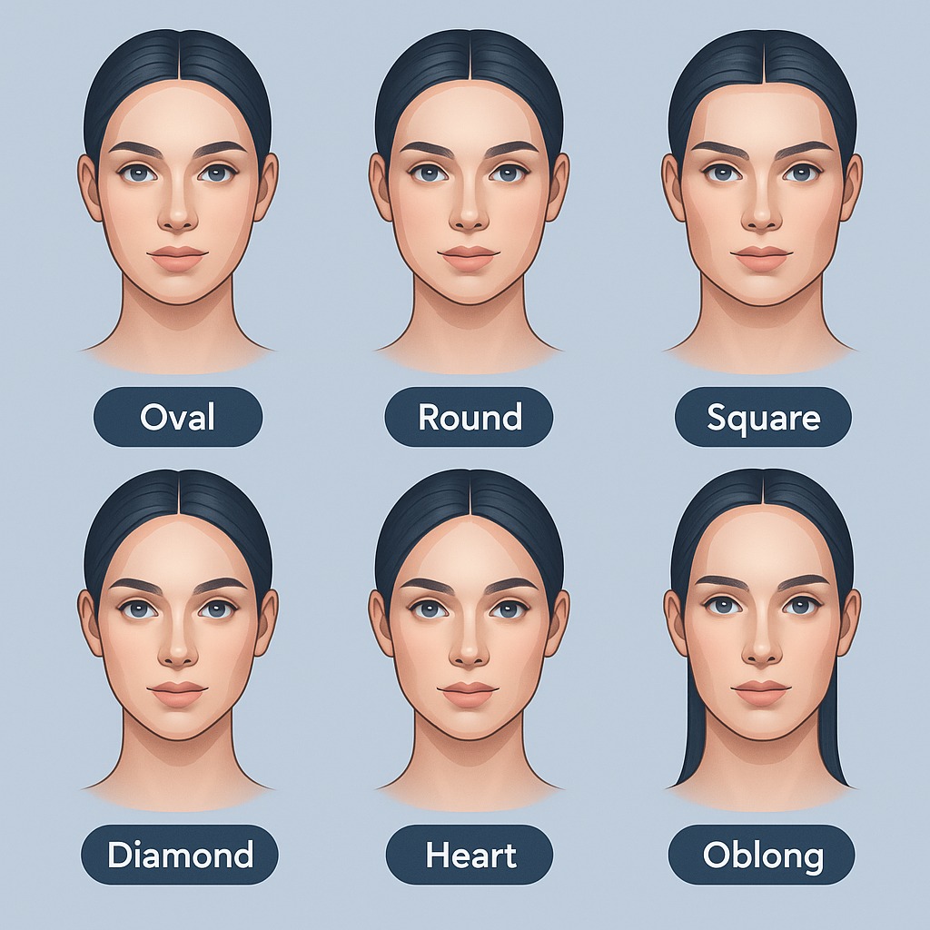Visual comparison of different face shapes showing oval, round, square, heart, diamond, and oblong shapes with their key characteristics.