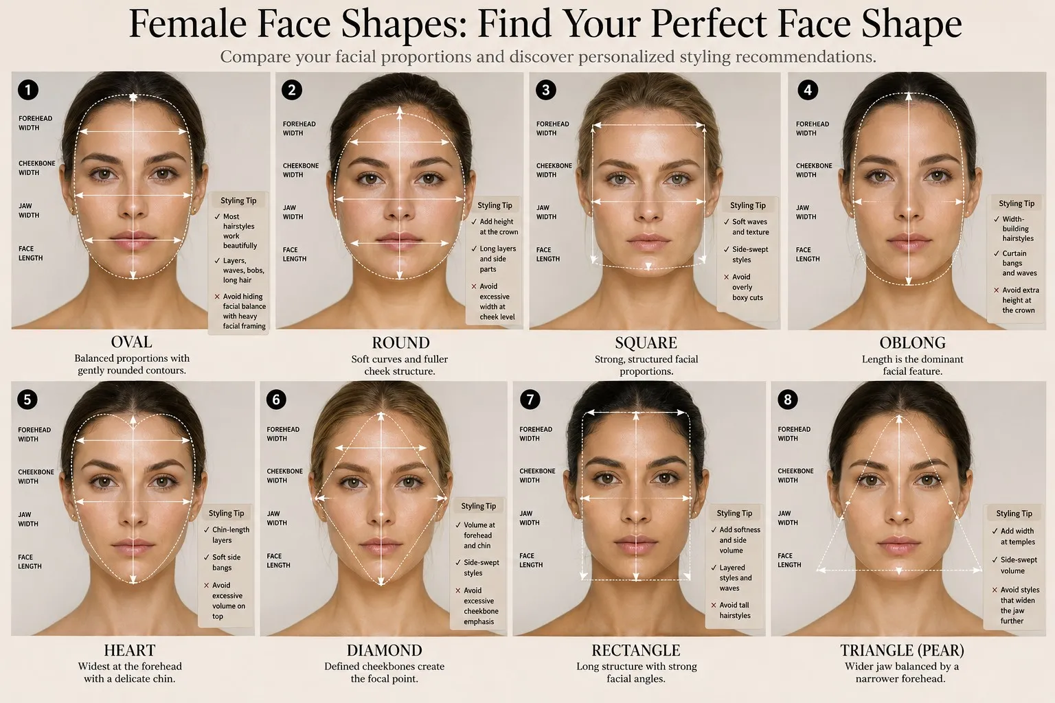 Visual comparison of different female face shapes with oval, round, square, heart, diamond, and oblong examples.