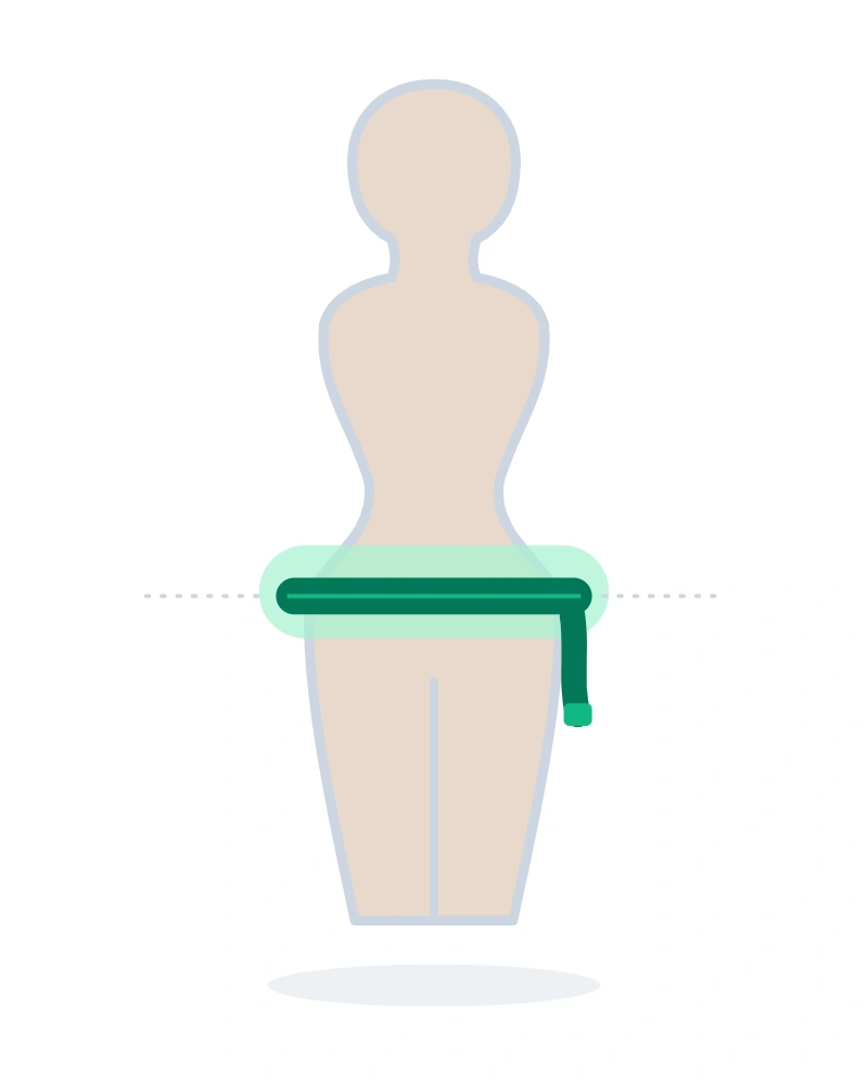 Tape measure around the widest part of the hips and seat