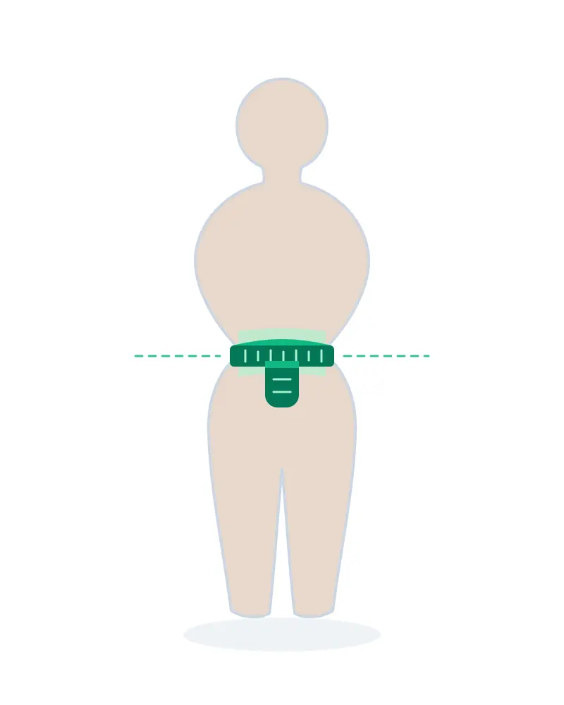 Tape measure around the natural waist, the narrowest part of the torso above the navel