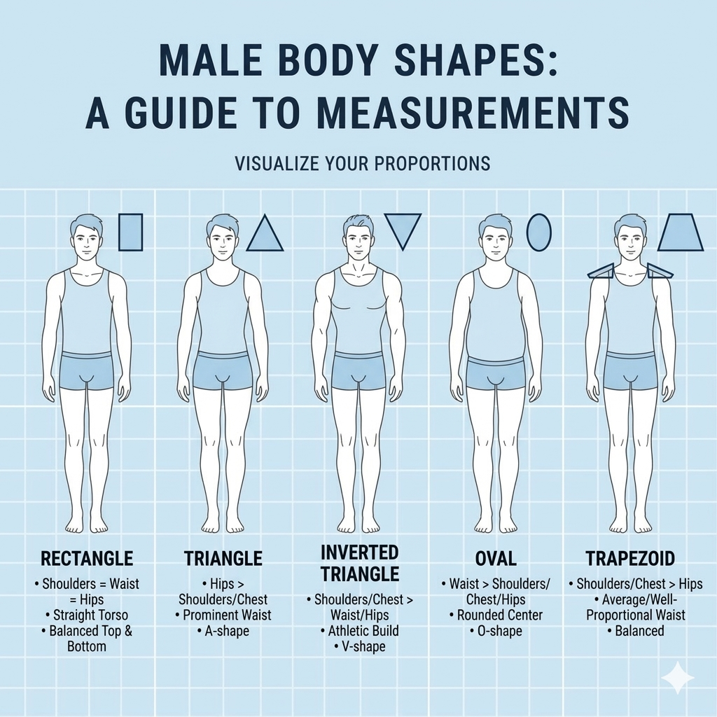 Male body shapes chart showing rectangle triangle inverted triangle oval and trapezoid