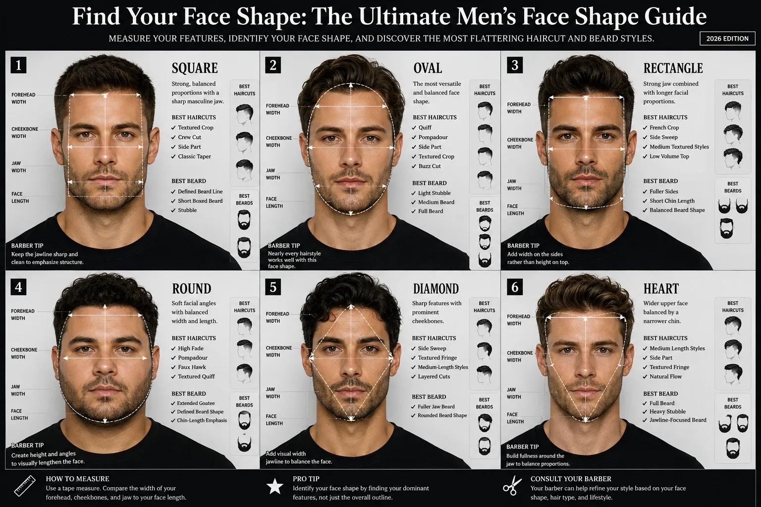 Guide to men's face shapes with comparison illustration.