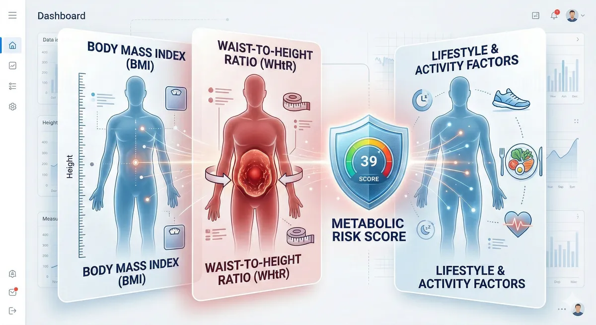 Obesity risk calculator chart showing BMI and waist to height ratio health risk levels