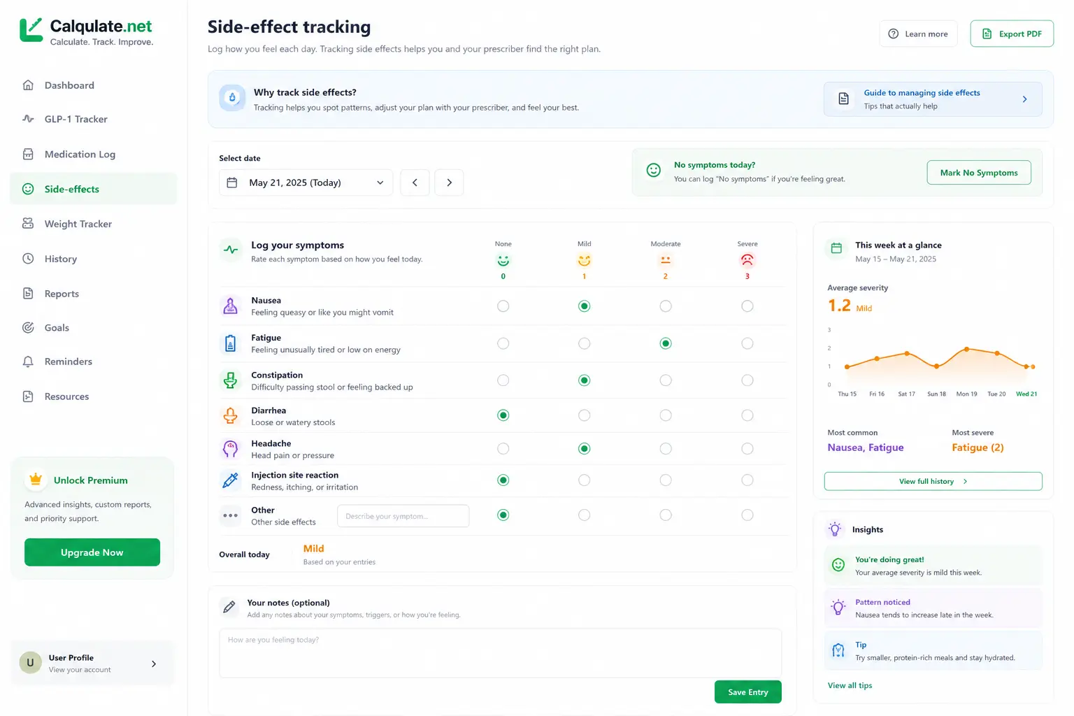 Side-effect logging — severity scale & “no symptoms today”