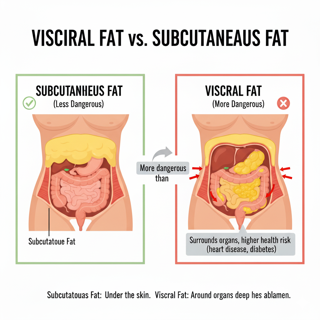Diagram showing dangerous visceral fat around organs versus subcutaneous fat.